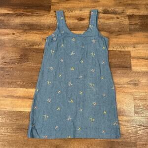 Handmade Vintage Blue Denim Floral Embroidered Shift Dress Boho Cottage